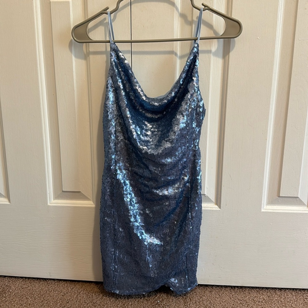 Blue Sequin Cowl Neck Dress